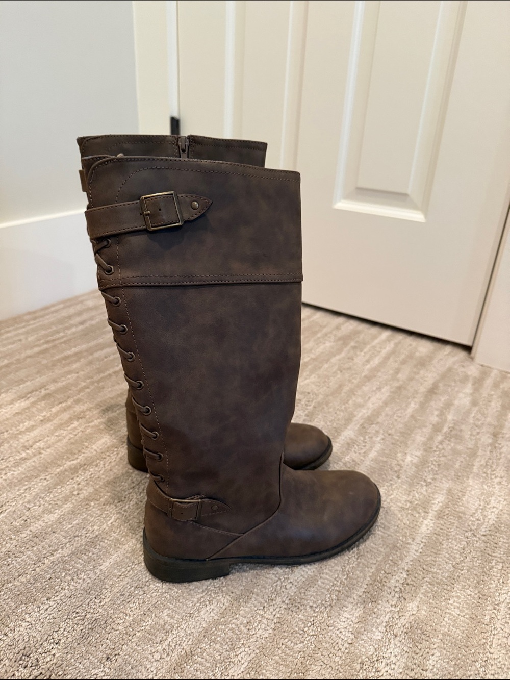 Steve Madden Girls' Tall Lace-Back Buckle Boots in Brown